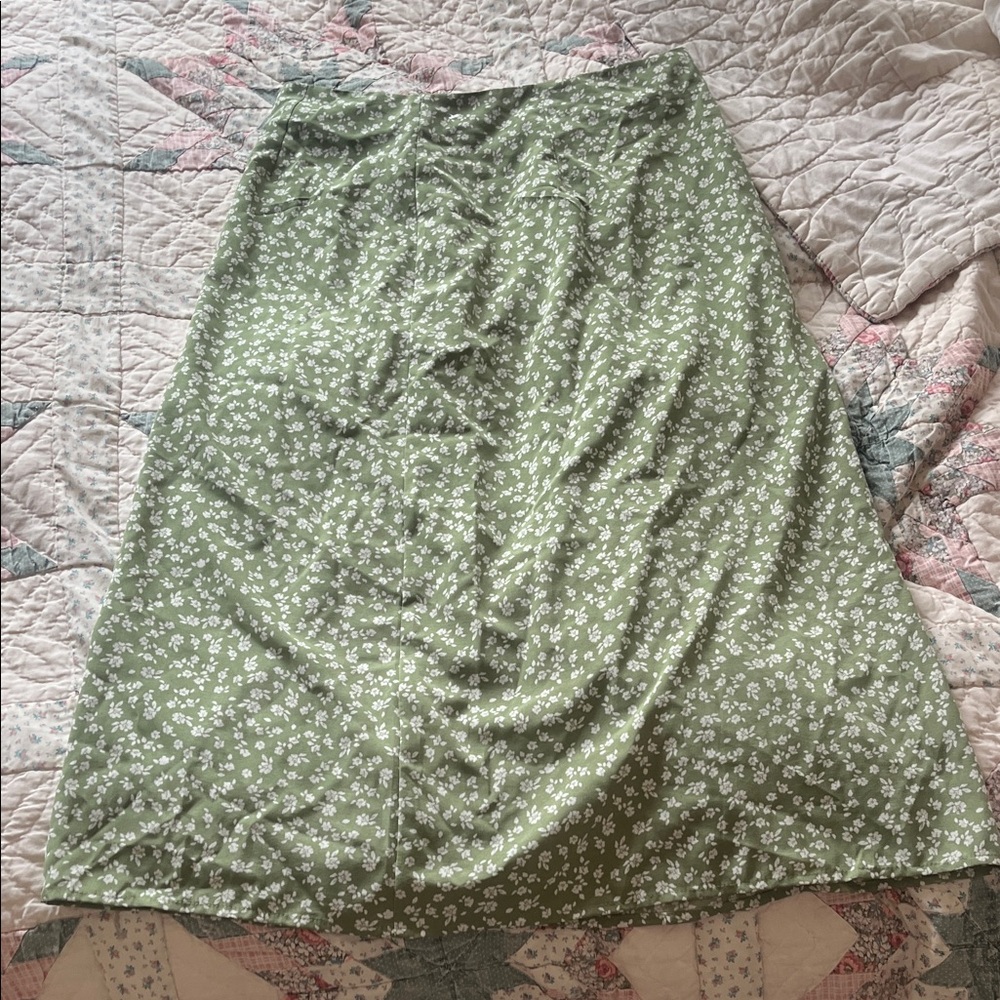 Olive Green Floral A-Line Midi Skirt